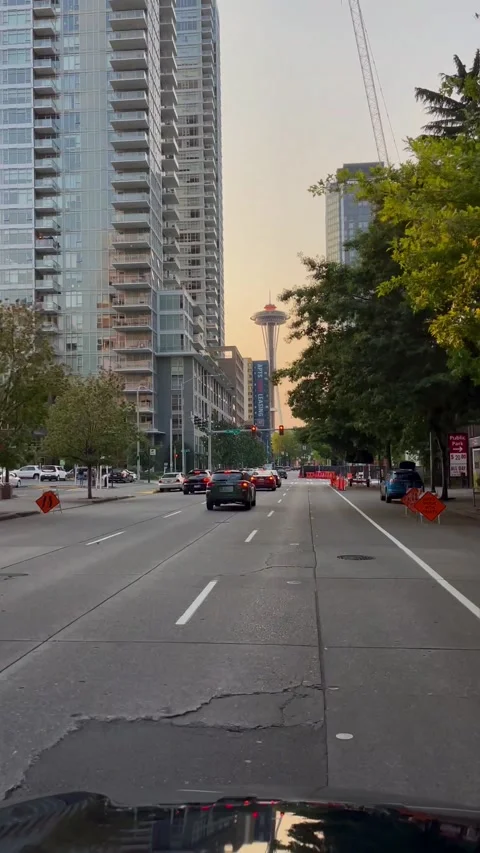View from the driving car on the Space Needle. Seattle, Washington, USA - 10 Stock Footage 219243700