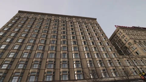 View Driving Through City Looking Up At Buildings On Side Pass Traffic Light Stock Footage 167738170