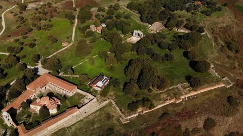 View from drone of ancient ruins, monastery and beautiful, green fields Stock Footage 149121736