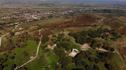 View from drone of ancient ruins, monastery and beautiful, green fields Stock Footage 149121780