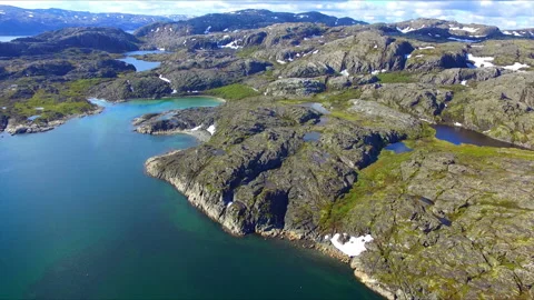 View from drone on beautiful arctic summer landscape on Barents sea shoreline Stock Footage 144459611