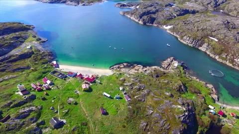 View from drone on beautiful arctic summer landscape on Barents sea shoreline Stock Footage 144507228