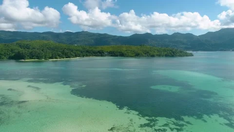 View from a drone camera in 4K to the ocean.  Seychelles. Stock Footage 155334296