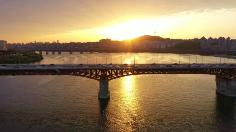 View from a drone camera overlooking the Han River landscape,Seoul South Korea Vídeos de archivo 225025714