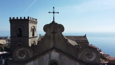 View from drone of the Cathedral S Maria Assunta di Forza DAgrò in Sicily Italy Video stock 149316886