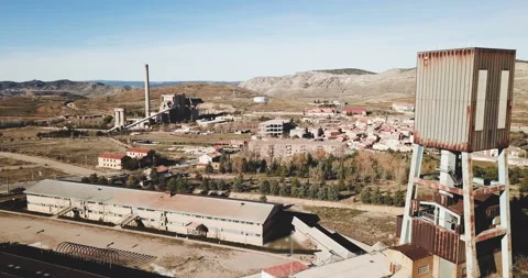 View from drone Center for Study of Mining Poso Pilar, Escucha, Spain Stock Footage 154140506