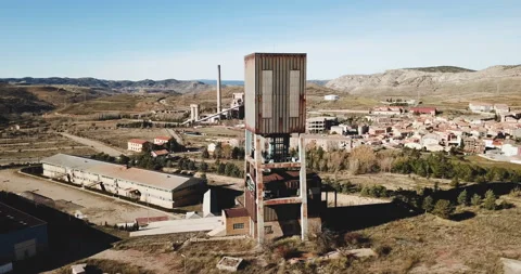 View from drone Center for Study of Mining Poso Pilar, Escucha, Spain Stock Footage 158376790