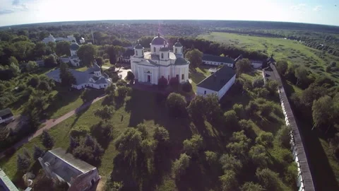 View from the drone. Church. Trees. River. Summer Stock-Footage 149367779