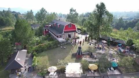 View by drone a coffee shop at the top of mountain. Video stock 201199869