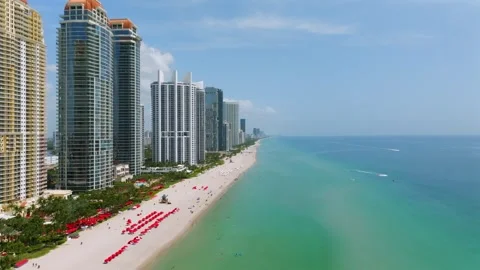View from drone on expensive high-rise hotel complexes and condominiums over Stock Footage 245999004
