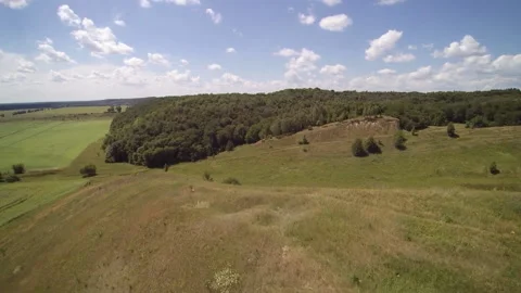 View from the drone. Field, steppe, hills, mounds, ravines, trees. Видео 149296993