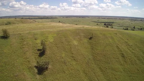 View from the drone. Field, steppe, hills, mounds, ravines, trees. Видео 149297055