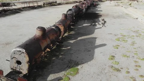 View From A Drone Flying Over Abandoned Rusty Tanks Of An Old Train Stock Footage 191770978