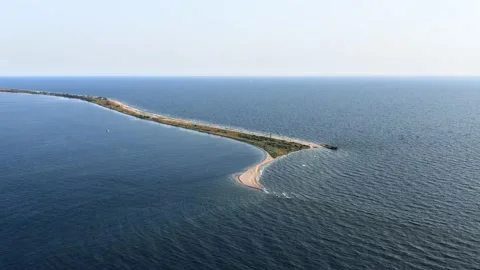 View from drone flying over a long sandy spit. Kinburn spit. Stock Footage 175699200