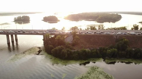 View from drone to heavy traffic on a bridge. Stock Footage 113755573