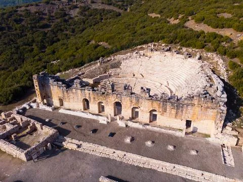 View from drone of Hellenistic Odeon in ancient settlement of Kibyra, Turkey Stock Photos