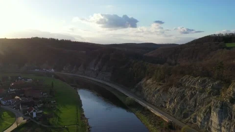View of drone of landscape of river Weser and village Doelme  in Germany Stockbeeldmateriaal 151977580