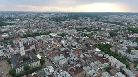 View from the drone to Lviv. Rynok Square area. Aerial panorama of the city in Stock Footage 162177249