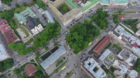 View from the drone to Lviv. Rynok Square area. Aerial panorama of the city in Stock Footage 162177281