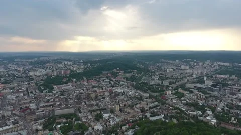 View from the drone to Lviv. Rynok Square area. Aerial panorama of the city in Stock Footage 162177883