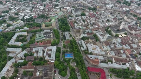 View from the drone to Lviv. Rynok Square area. Aerial panorama of the city in Stock Footage 162177977