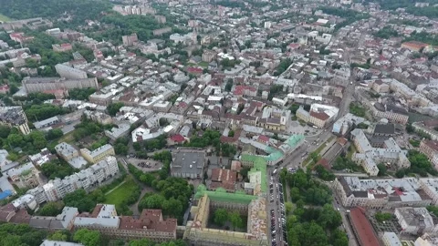 View from the drone to Lviv. Rynok Square area. Aerial panorama of the city in Stock Footage 162178003