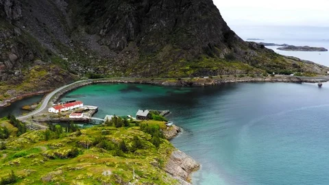 View from the drone of the mountain road and the bridge of Norway Stock Footage 122706948