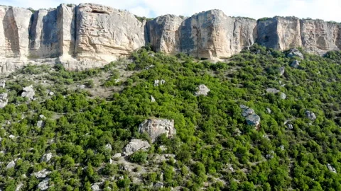 A view from a drone of a mountain slope covered with bushes and boulders. Stock Footage 157821199