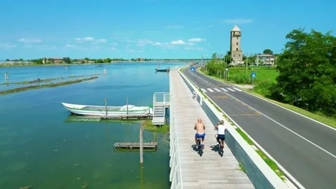 View by drone of the new cantilevered cycle path in Cavallino Treporti Stock Footage 248530972