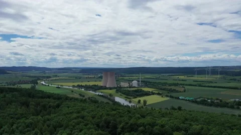View of drone of nuclear power plant and river Stock Footage 197763283
