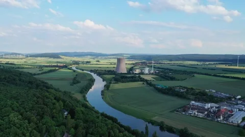 View of drone of nuclear power plant and river Видео 197767039