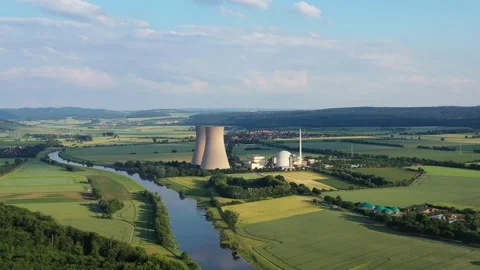 View of drone of nuclear power plant and river Видео 197767693