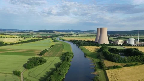 View of drone of nuclear power plant and river Stock Footage 197780452