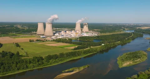 View of drone of nuclear power plant and river. Aerial panoramic flight of Stock Footage 204908099