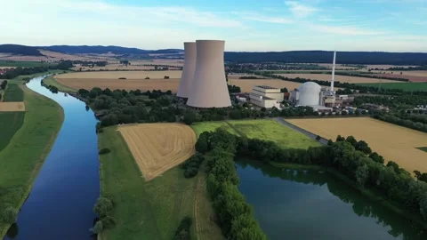 View of drone of nuclear power plant and river Stock Footage 204973004