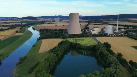 View of drone of nuclear power plant and river Stock Footage 204973005