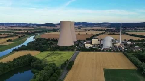 View of drone of nuclear power plant and river Stock Footage 204973009