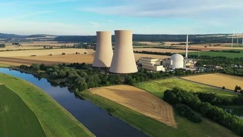 View of drone of nuclear power plant and river Stock Footage 204973389