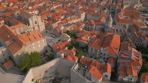 View from drone on the old town and red roofs of a historical part of Dubrovnik Video stock 223588116
