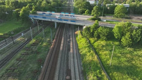 View from the drone on the railway viaduct. Concept of train traffic, rail tr Video stock 197340896