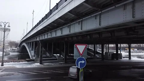 View from the drone to the river bridge and the old high-rise building Stock-Footage 169071530