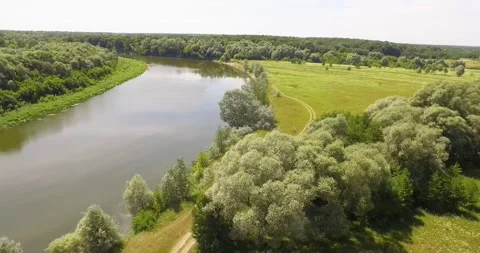 View from the drone. River, field, forest. 스톡 동영상 155619835