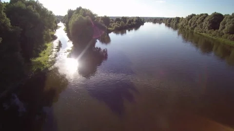 View from the drone. River, forest, sun, fields. Видео 149296542