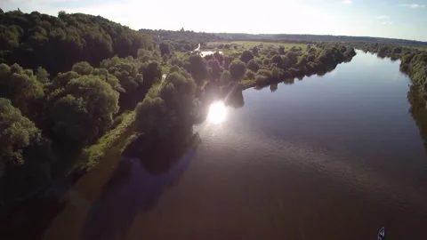 View from the drone. River, forest, sun, fields. Видео 149296561