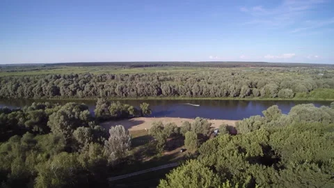 View from the drone. River, forest, sun, fields. Vidéo 149296571