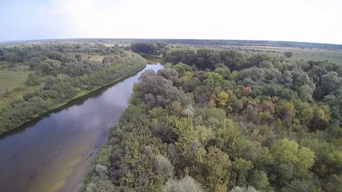 View from the drone. River, sandy beach, field, forest Stock-Footage 149026788