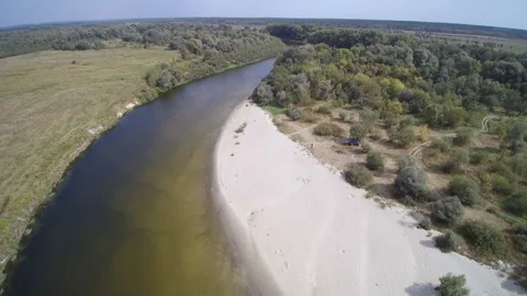 View from the drone. River, sandy beach, field, forest Stock-Footage 149026799