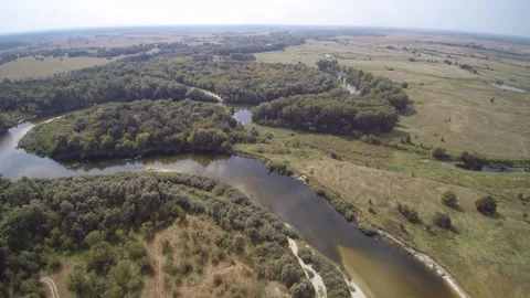 View from the drone. River, sandy beach, field, forest Stock-Footage 149026919