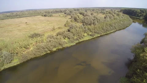 View from the drone. River, sandy beach, field, forest Stock-Footage 149026936