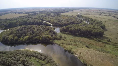 View from the drone. River, sandy beach, field, forest Stock-Footage 149026981